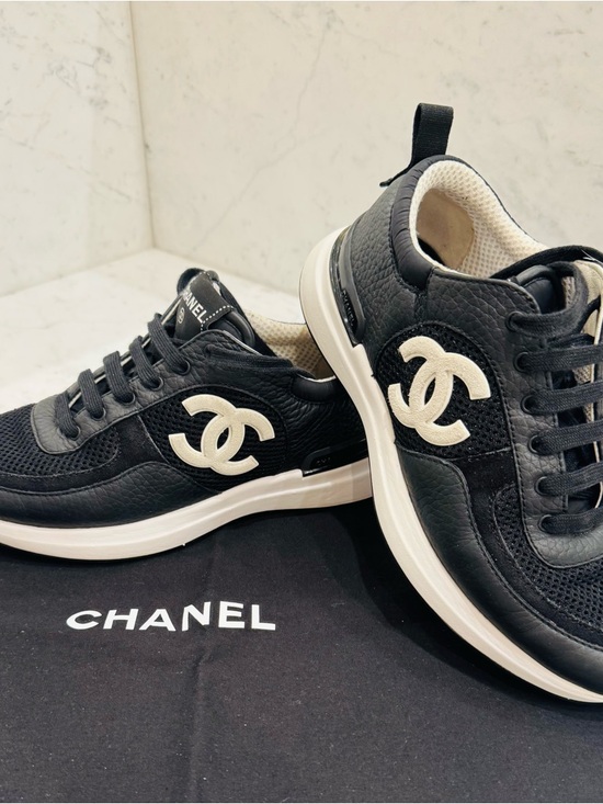 CHANEL Shoes - Chanel CC Logo Sneakers Black & White Leather Mesh Trainers Size 37.5 / US 7.5